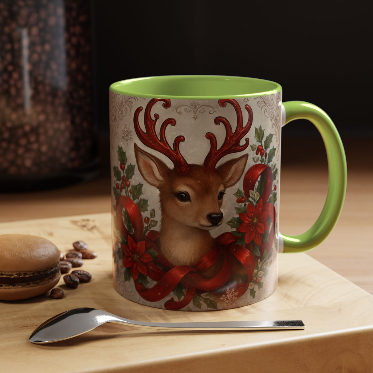 Microwave-safe Christmas Reindeer Coffee Mug, designed for real-life use and holiday cheer.