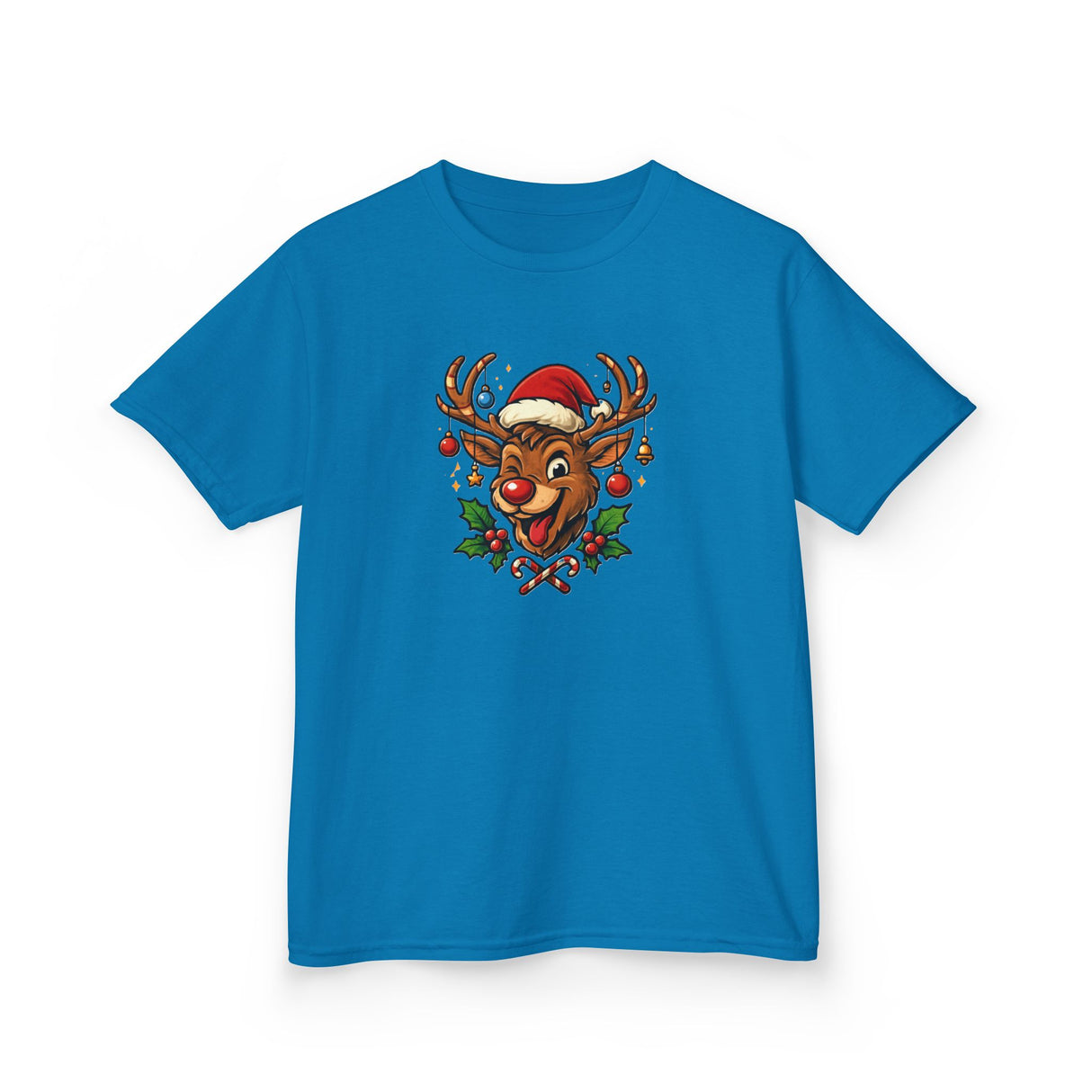 Kids Christmas Reindeer Tee — Cute Santa Hat Rudolph Holiday Shirt perfect for family holiday photos.