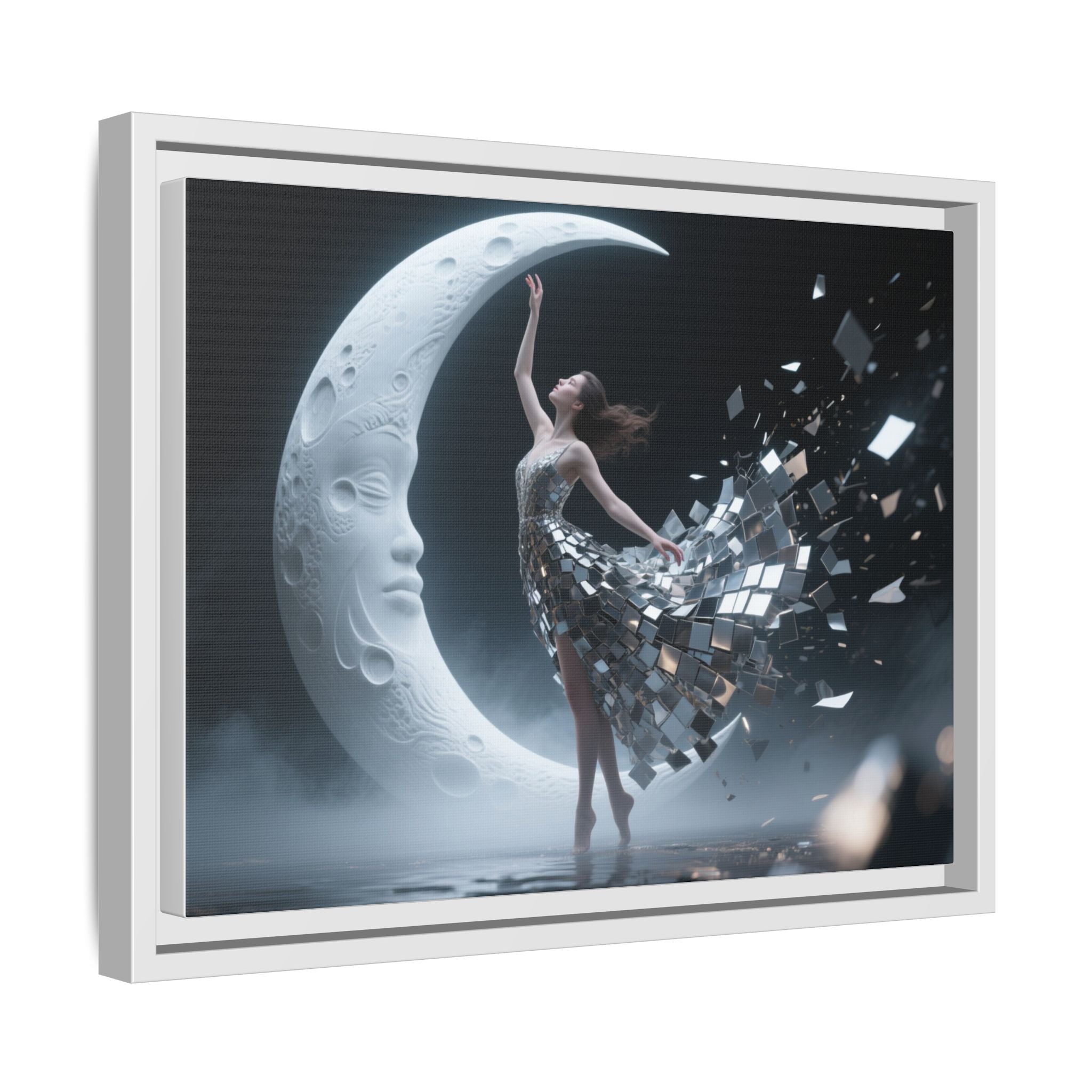 Framed Matte Canvas Art — Dancer &amp; Moon Surreal Wall Decor enhancing interior aesthetics with its modern design.