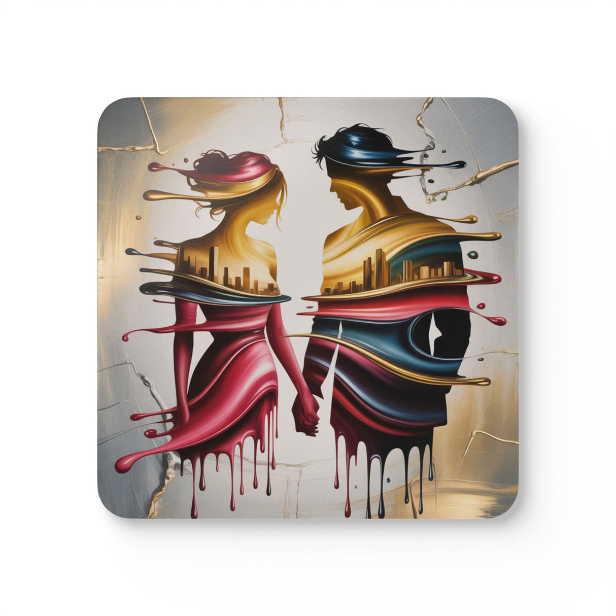 Abstract Couples Cork Coaster Set — Romantic Drip Art Drink Coasters