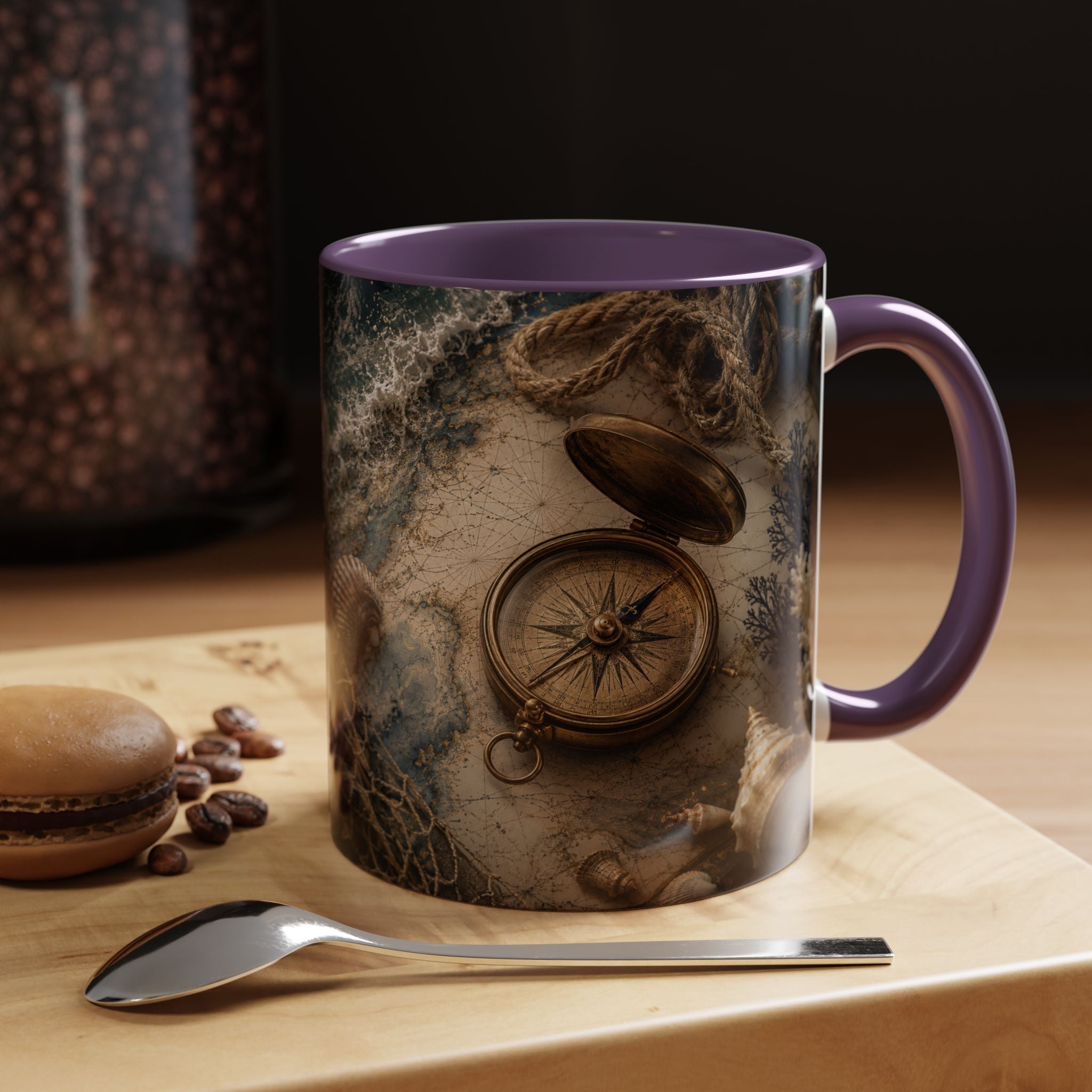 Nautical Compass Accent Coffee Mug – Vintage Sea Shells &amp; Compass Travel Design (11oz)