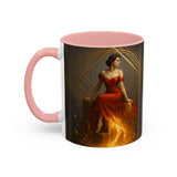 Fiery Goddess Accent Coffee Mug being used in a cafe setting, highlighting its artistic appeal.