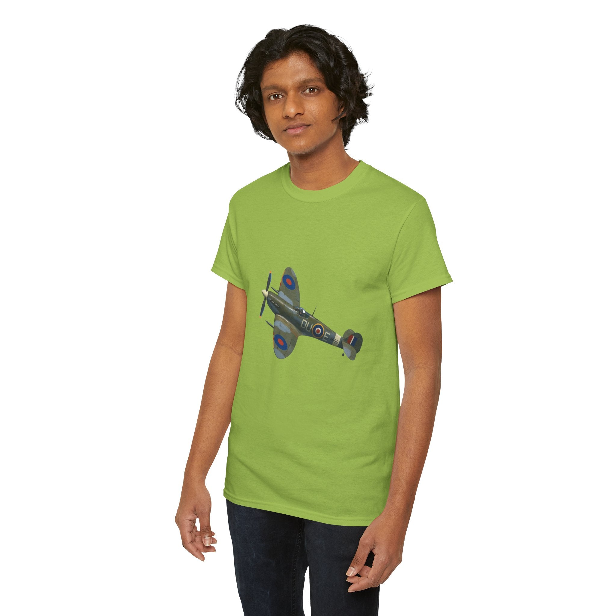 Casual scene of a vintage WWII Spitfire Fighter Plane T-Shirt worn by enthusiasts at a meetup