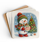 Elegant winter tablescape featuring the Christmas Snowman Cork Coaster Set among mugs and festive decor, perfect for seasonal gatherings.
