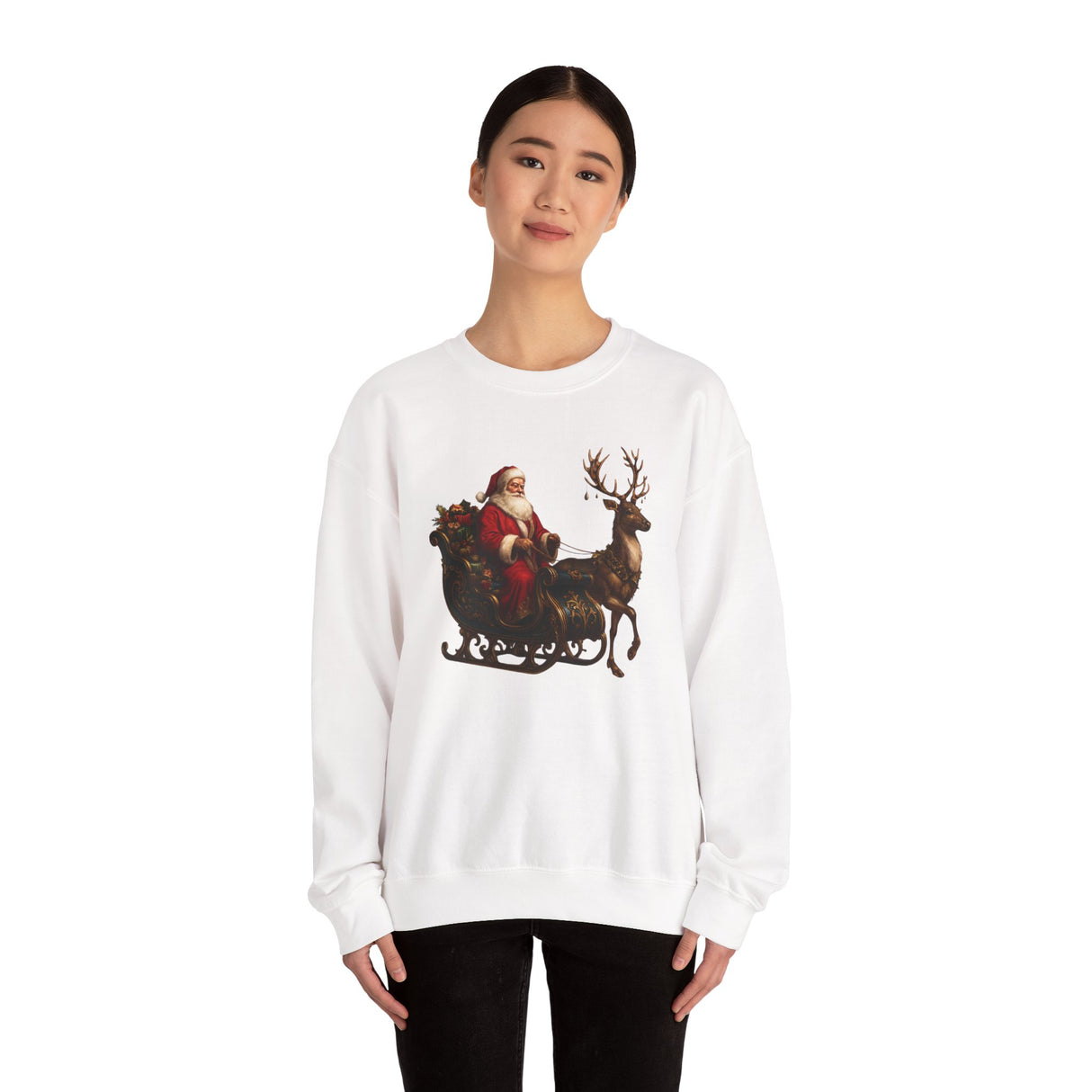 Person enjoying a holiday drink while wearing the Winter Art Vintage Santa Sleigh Crewneck Sweatshirt, embodying winter coziness.