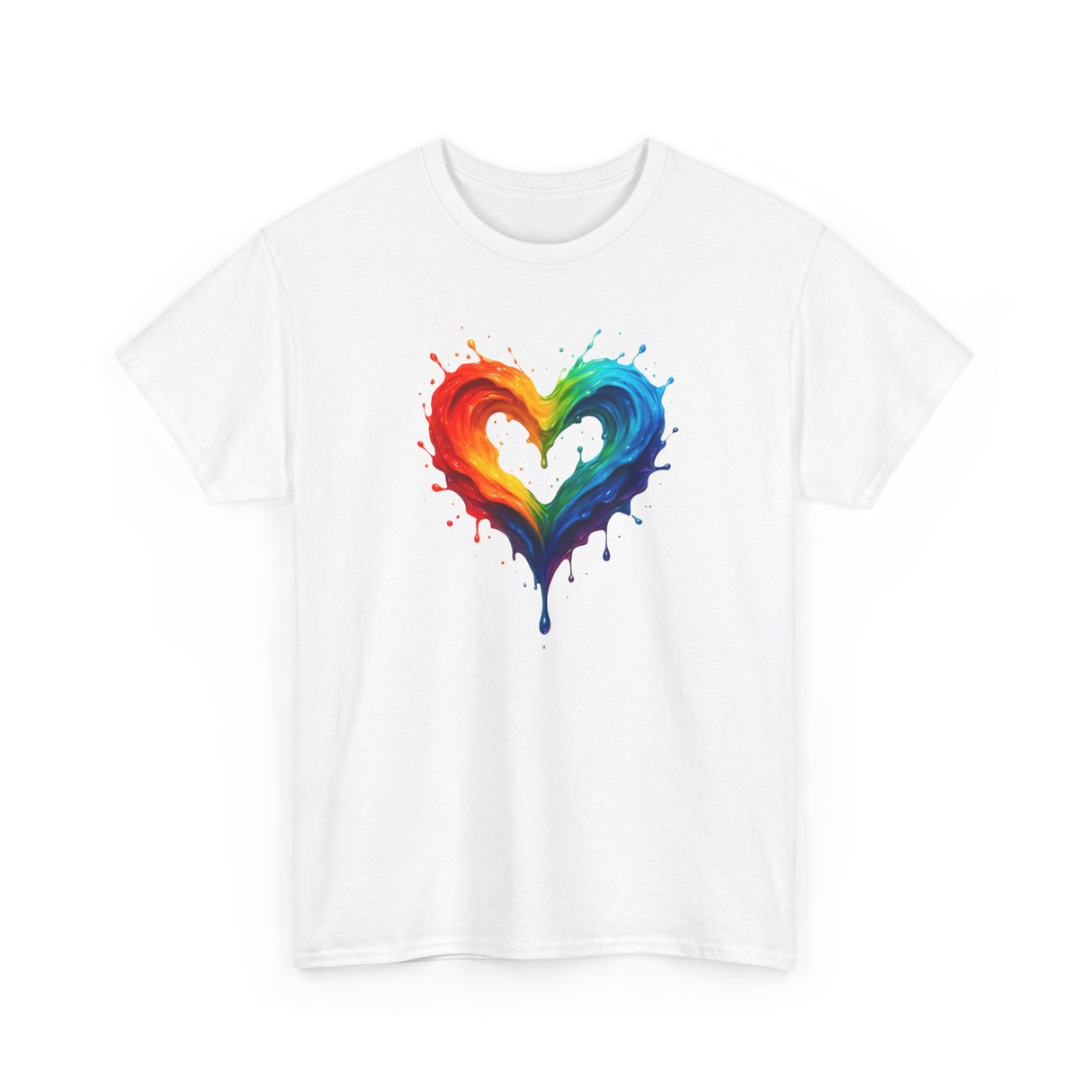 A vibrant Rainbow Drip Heart T-Shirt draped over a chair, showing the unique watercolor heart design clearly.