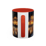 Elegant Nighttime Cityscape Coffee Mug alongside other drinkware, great for coffee lovers.