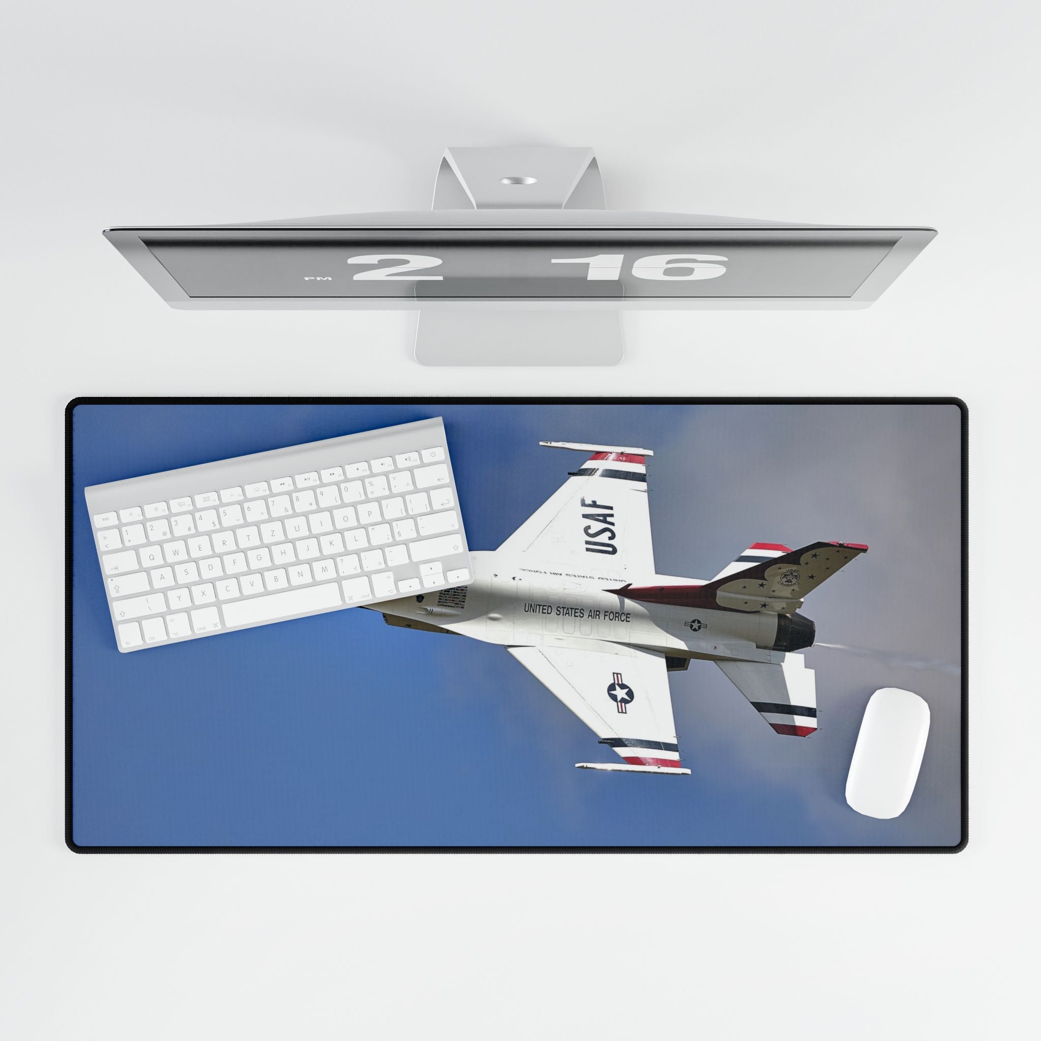 Lifestyle setting with USAF Fighter Jet Desk Mat in use, enhancing a colorful and functional workspace.
