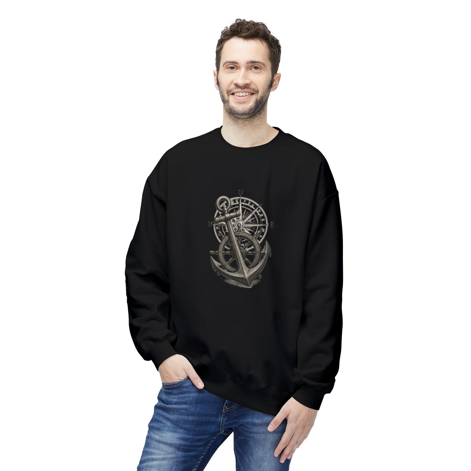 Nautical Anchor &amp; Compass Crewneck Sweatshirt Maritime Emblem US