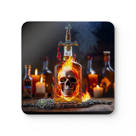 Flaming Skull Bottle Cork Coaster Set featuring vibrant flames and a skull design, perfect for gothic bar decor.
