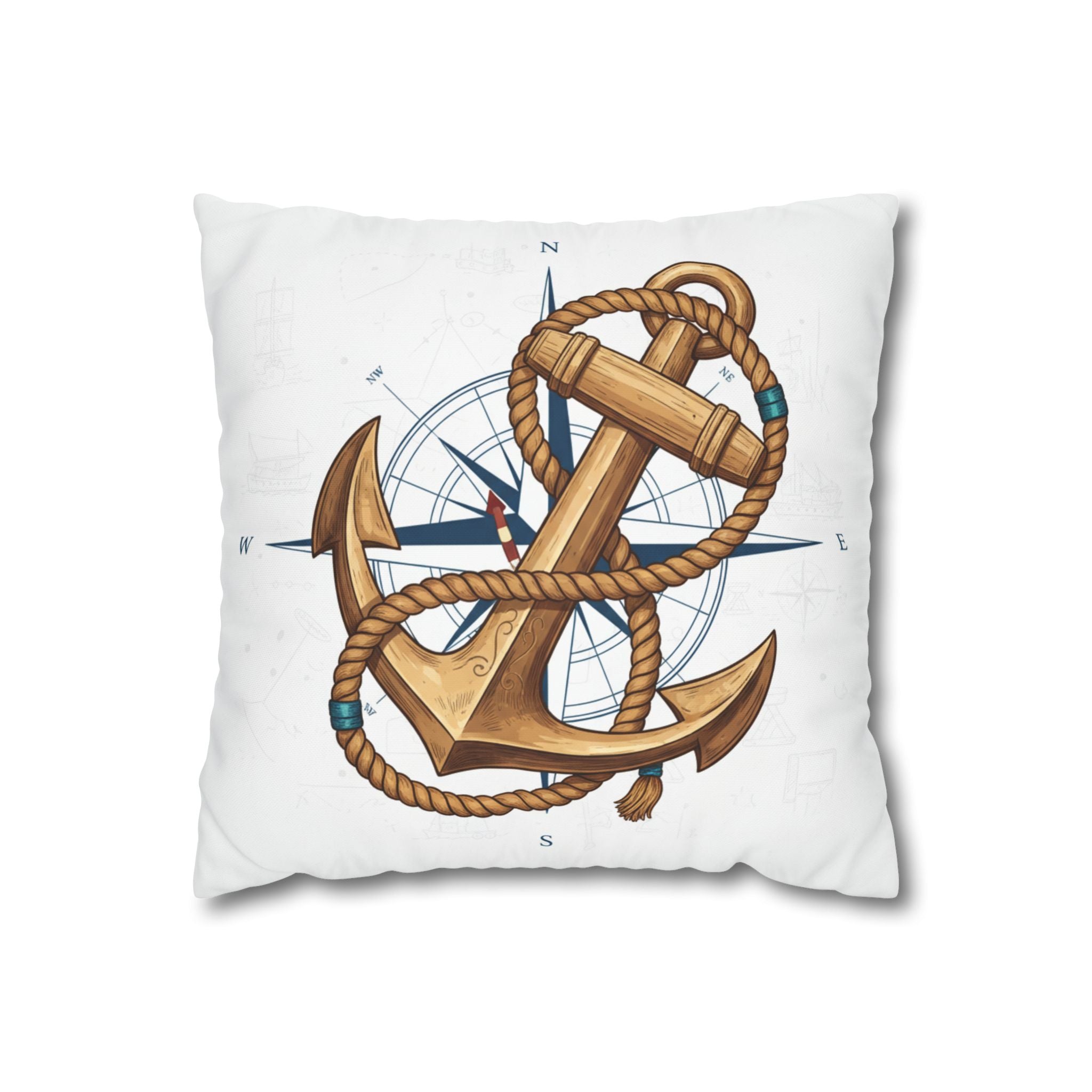 Nautical Anchor &amp; Compass Square Pillowcase — Coastal Sailor Decorative Throw Pillow