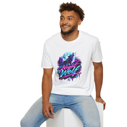 Night Wolf T-Shirt Retro Neon Wolf Graphic Tee  White