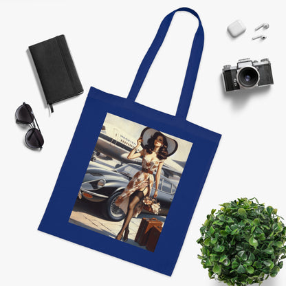 Models enjoying a day out with the Vintage Jetsetter Cotton Tote Bag, illustrating its fashionable appeal.