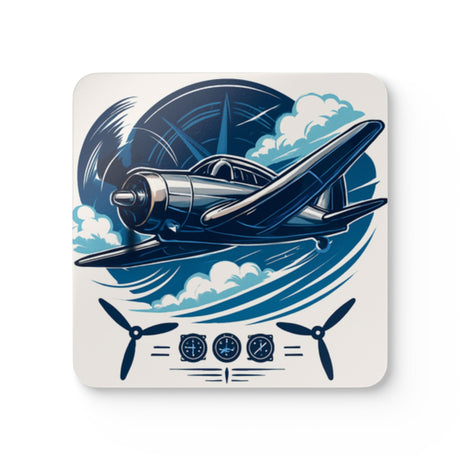Vintage Airplane Corkwood Coaster Set showcasing glossy full-color print of a retro pilot plane against clouds.