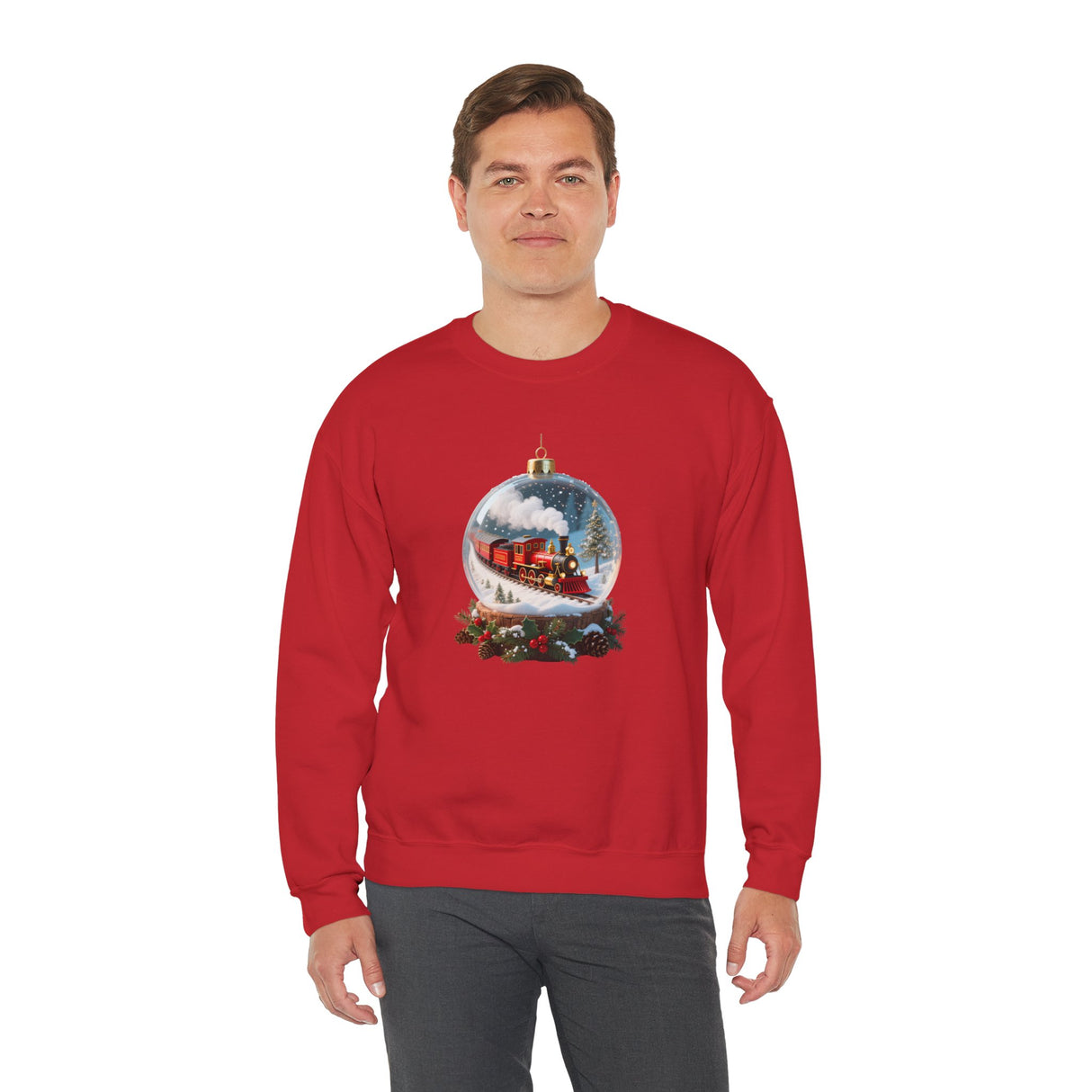 Christmas Train Snow Globe Sweatshirt featuring a detailed steam train design inside a snowy globe, perfect for the holiday season.