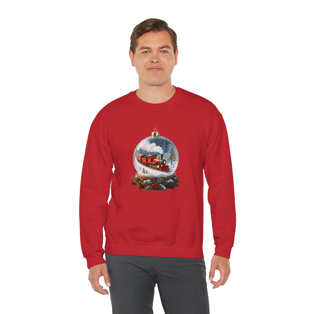 Christmas Train Snow Globe Sweatshirt featuring a detailed steam train design inside a snowy globe, perfect for the holiday season.