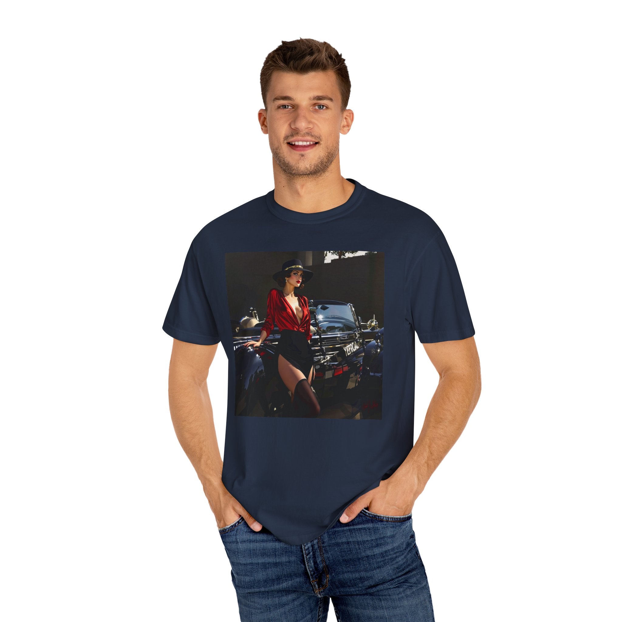 A close-up of Vintage Glamour T-Shirt showing garment-dyed details, capturing the quality and style of this apparel.
