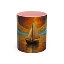 Sail into the Sun Ceramic Coffee Mug displayed on a rustic wooden table, highlighting its glossy finish and detailed artwork.