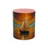 Sail into the Sun Ceramic Coffee Mug displayed on a rustic wooden table, highlighting its glossy finish and detailed artwork.