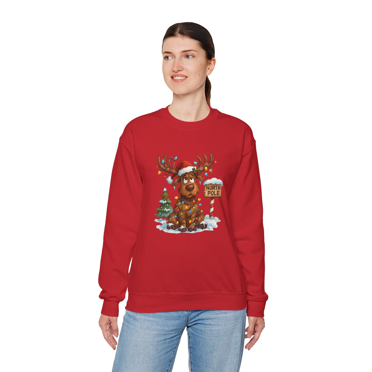 Christmas Moose Crewneck Sweatshirt showcasing a cheerful reindeer ready for the holiday season.