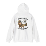 Front view of the Retired Pilot Hooded Sweatshirt — 'Trained for War, Retired for Naps' illustrating the classic fit.