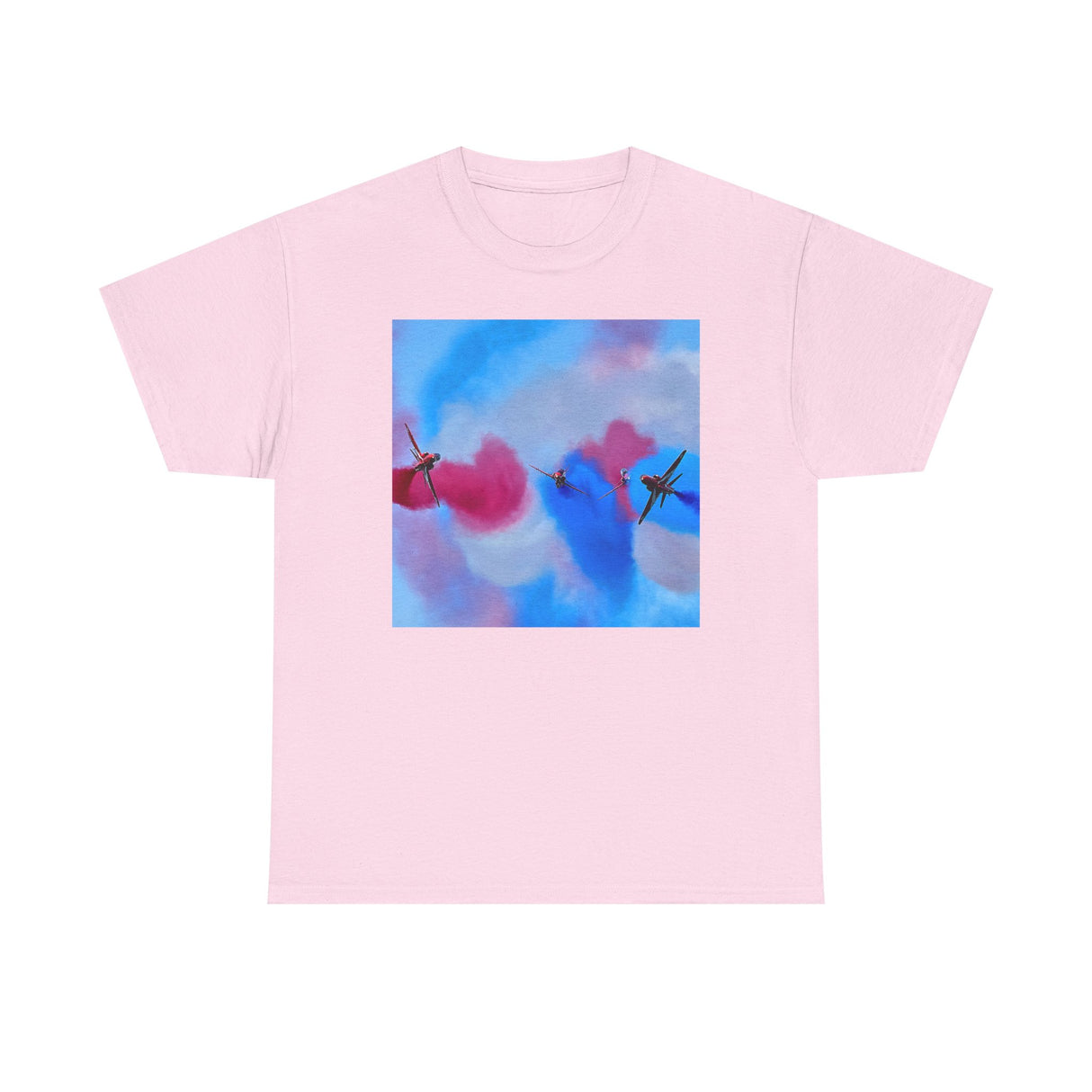 Close-up of the Aerial Smoke Display Tee — Blue & Pink Airshow Pilots T‑Shirt fabric, illustrating its soft cotton material.