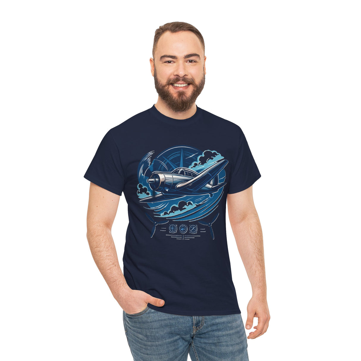 Vintage Propeller Plane T-Shirt against a cozy backdrop, highlighting its vintage aviation appeal.