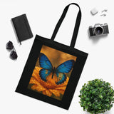 Flat-lay view of several Blue Butterfly Cotton Tote — Nature Floral Reusable Shopper Bags, demonstrating their stylish appeal.