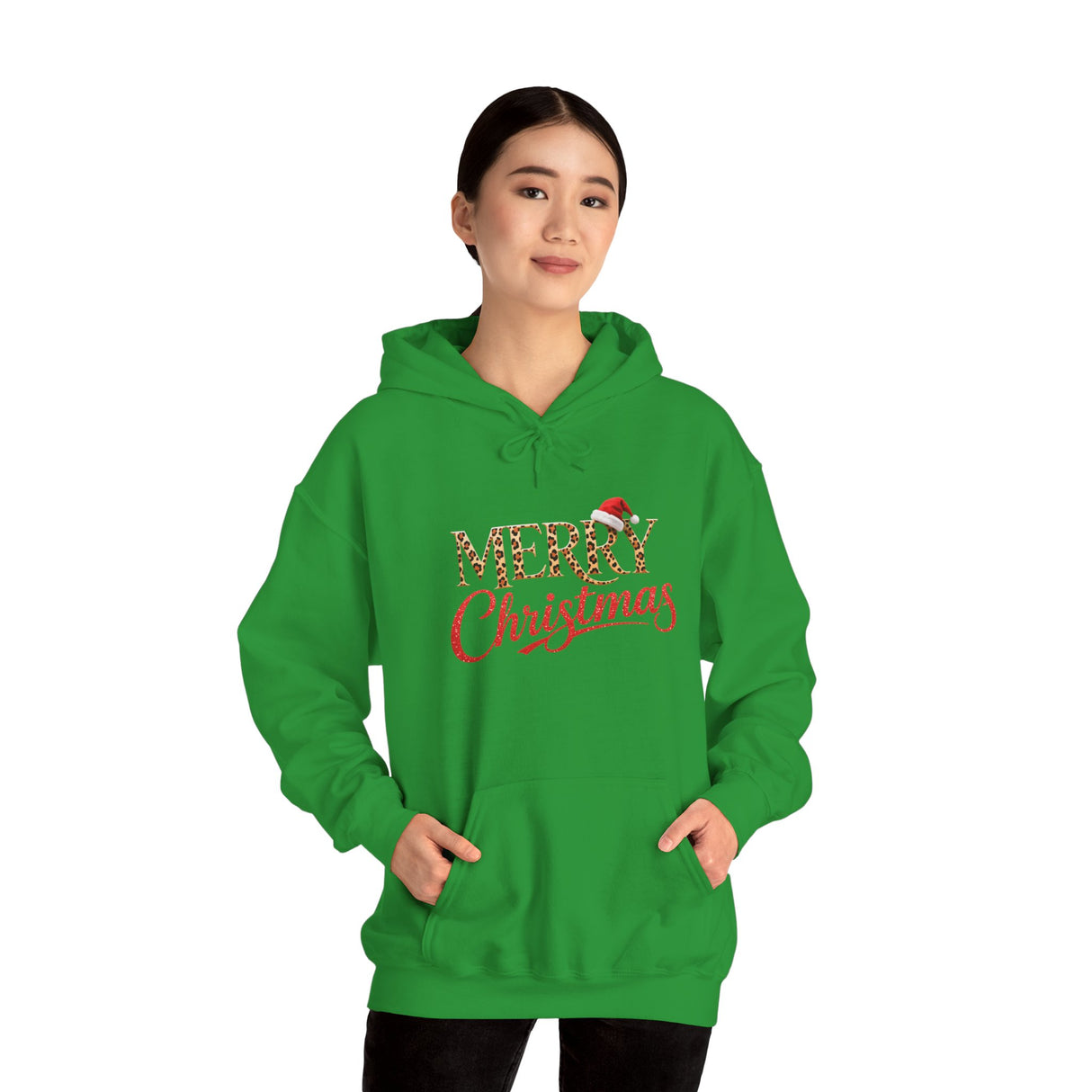 Merry Christmas Hoodie featuring festive leopard print Santa hat with cozy fit.
