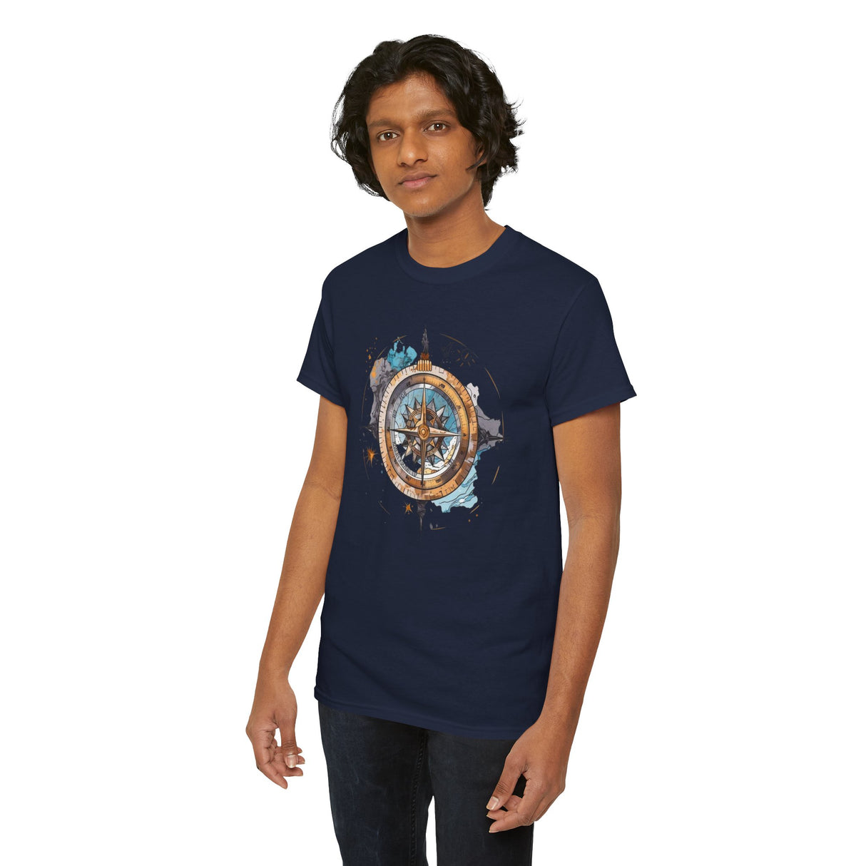 Compass Rose T-Shirt laid out with compass and map, inviting adventure and exploration — Vintage Nautical Adventure Graphic Tee