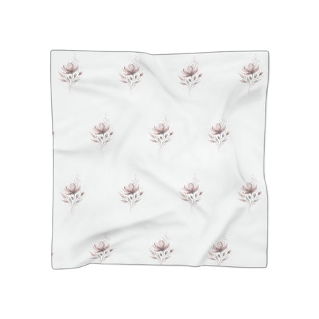 Floral Rose Pattern Poly Scarf – Lightweight White Botanical Silk-Look Wrap  25"x25" , 50"x50"