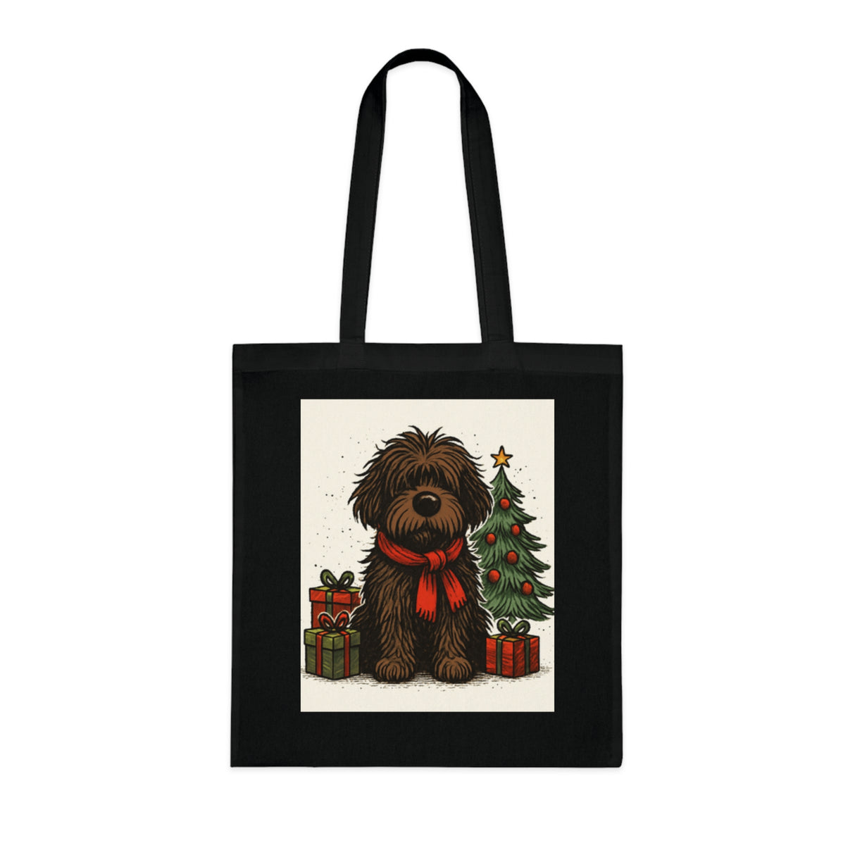 Detail of the Christmas Dog Tote Bag showcasing the cute, fluffy pup and Christmas decor.