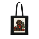 Detail of the Christmas Dog Tote Bag showcasing the cute, fluffy pup and Christmas decor.