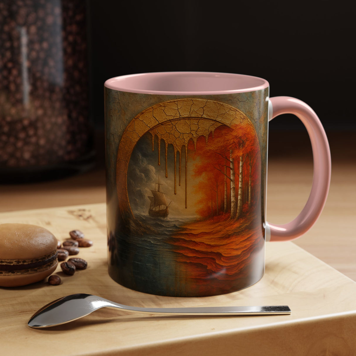 Standing Autumn Portal Coffee Mug on a desk amidst creative work materials, embodying autumn mornings.
