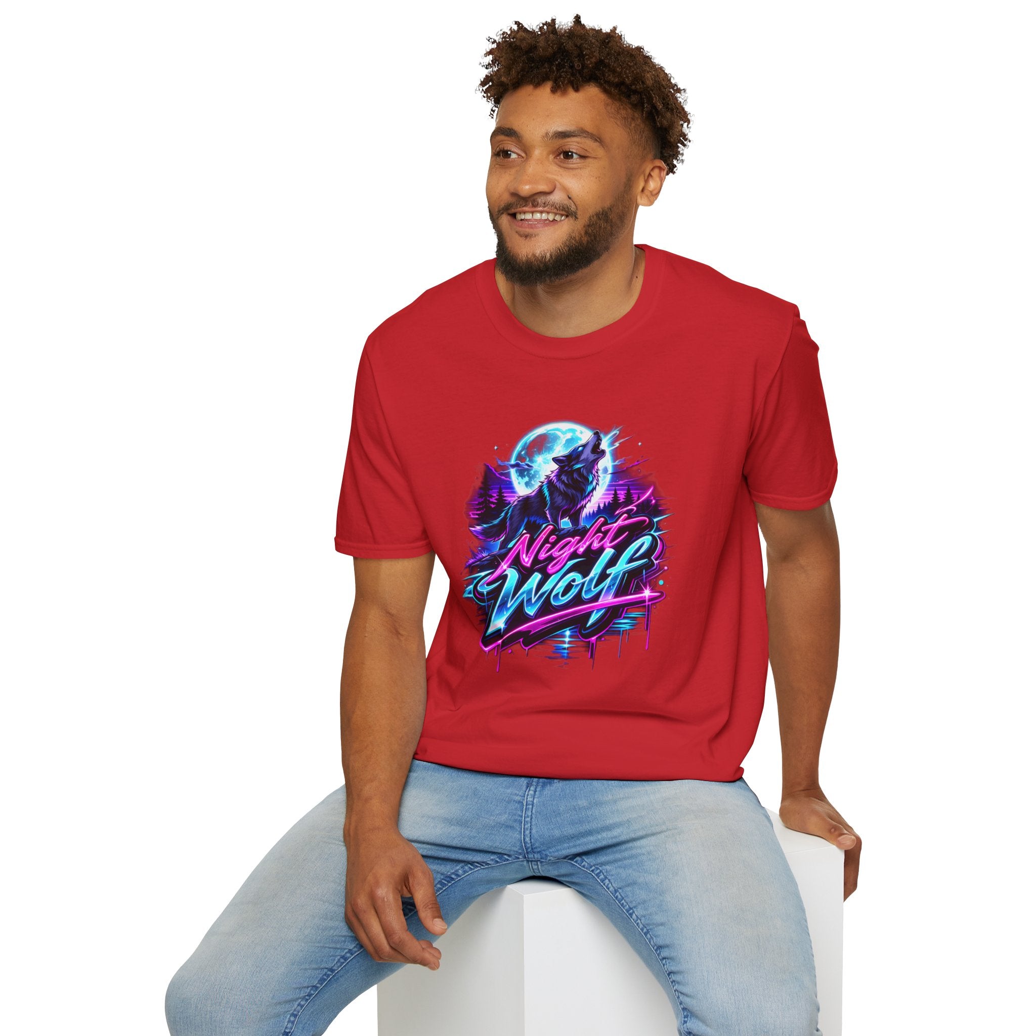 Night Wolf T-Shirt Retro Neon Wolf Graphic Tee red