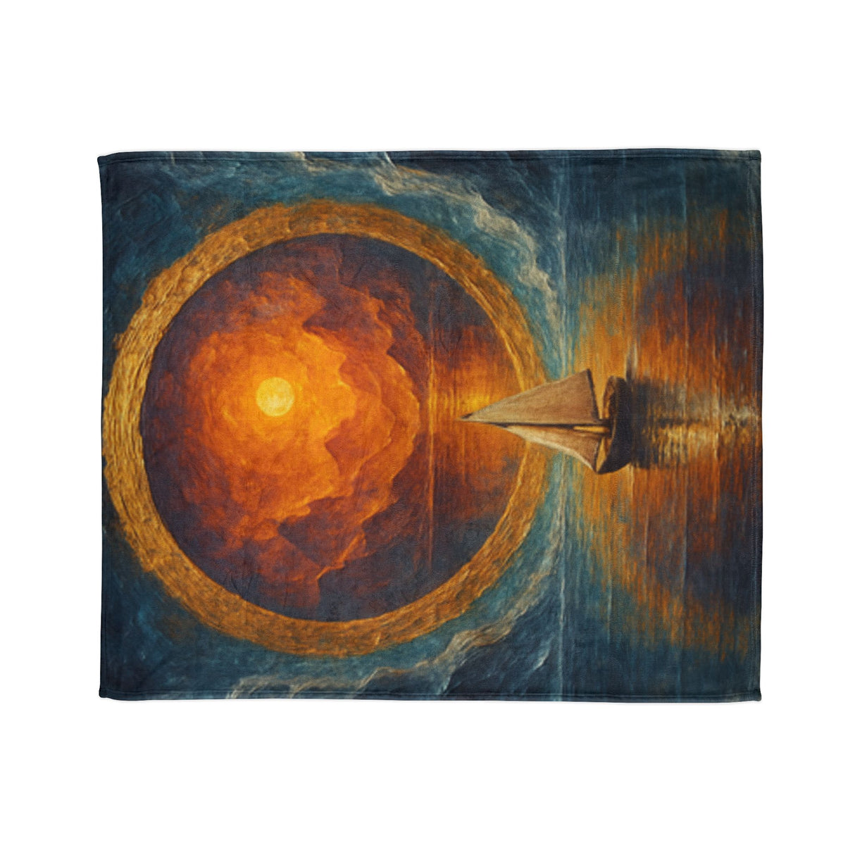 Sailing into the Sun Fleece Blanket folded neatly, showcasing its luxurious fleece texture and colorful sunset design.