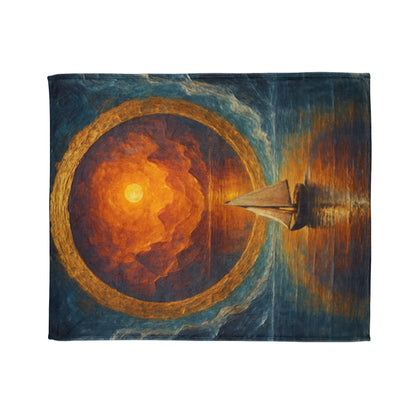 Sailing into the Sun Fleece Blanket folded neatly, showcasing its luxurious fleece texture and colorful sunset design.