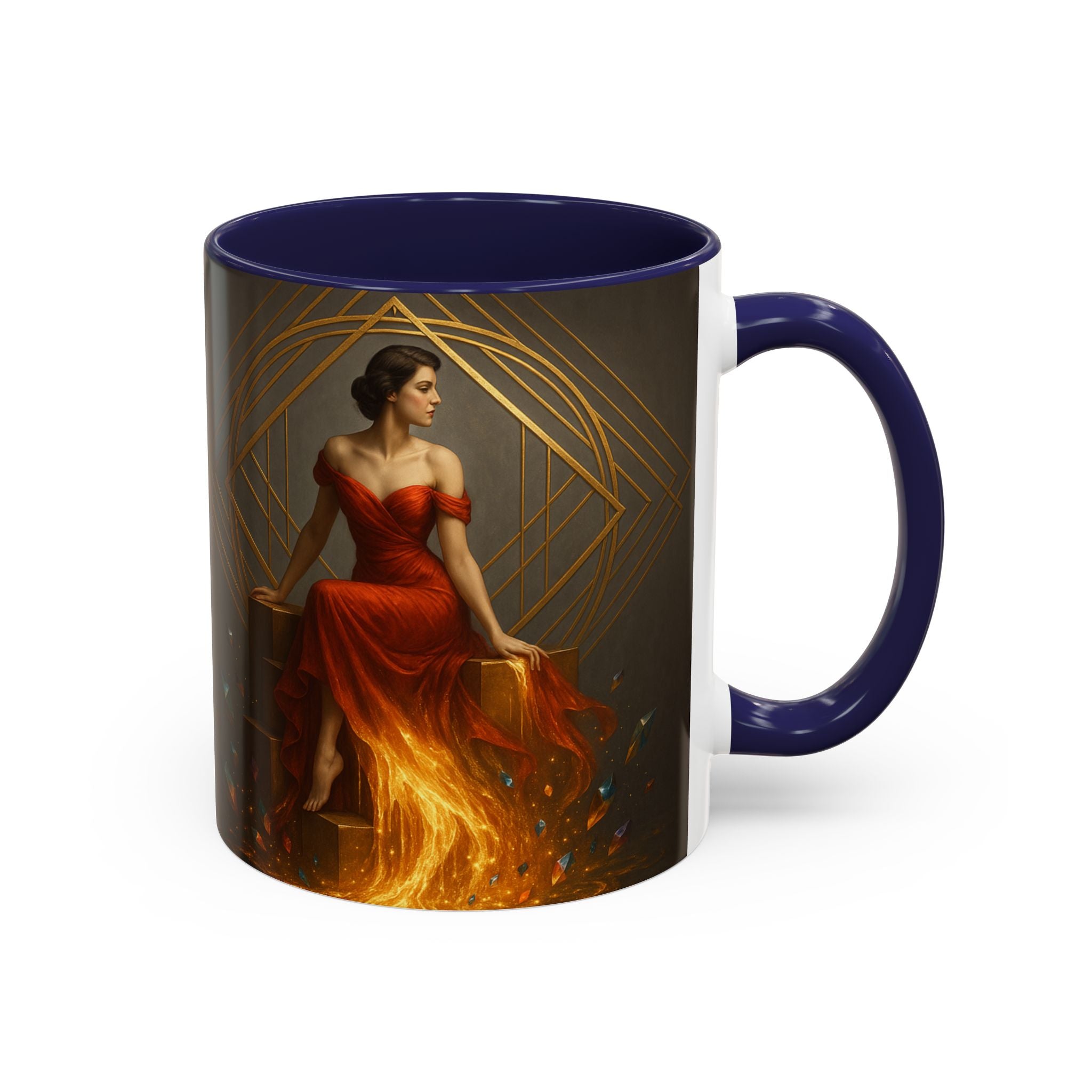 Fiery Goddess Accent Coffee Mug with warm lighting, emphasizing the rich colors of the artwork.