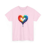Rainbow Drip Heart T-Shirt laid on a textured surface, allowing the colorful heart design to be the focal point.