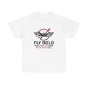 Front view of Fly Bold Graphic Tee with cool prop plane graphic, great for casual outings.
