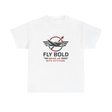 Front view of Fly Bold Graphic Tee with cool prop plane graphic, great for casual outings.