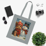 Cute Christmas Snowman Tote Bag in a cozy holiday design featuring a cheerful snowman and a Christmas tree.