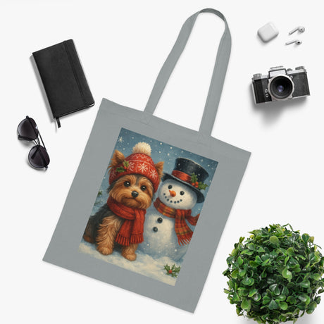 Cute Christmas Snowman Tote Bag in a cozy holiday design featuring a cheerful snowman and a Christmas tree.