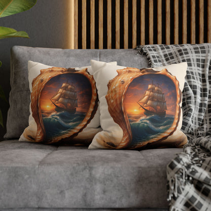 Vibrant double-sided print of a sailing ship sunset on a Nautical Seashell Pillowcase, enhancing any living space.