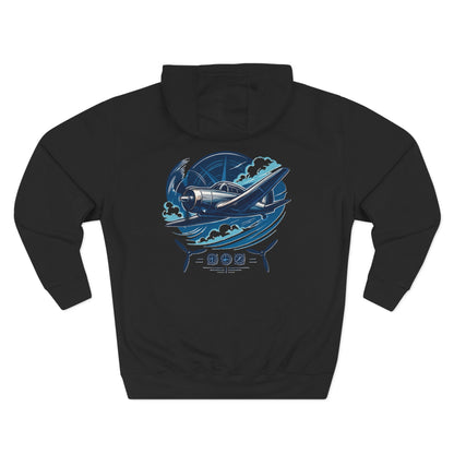 Aviator Three-Panel Hoodie displayed hanging, emphasizing the quality of the fabric and stitching.