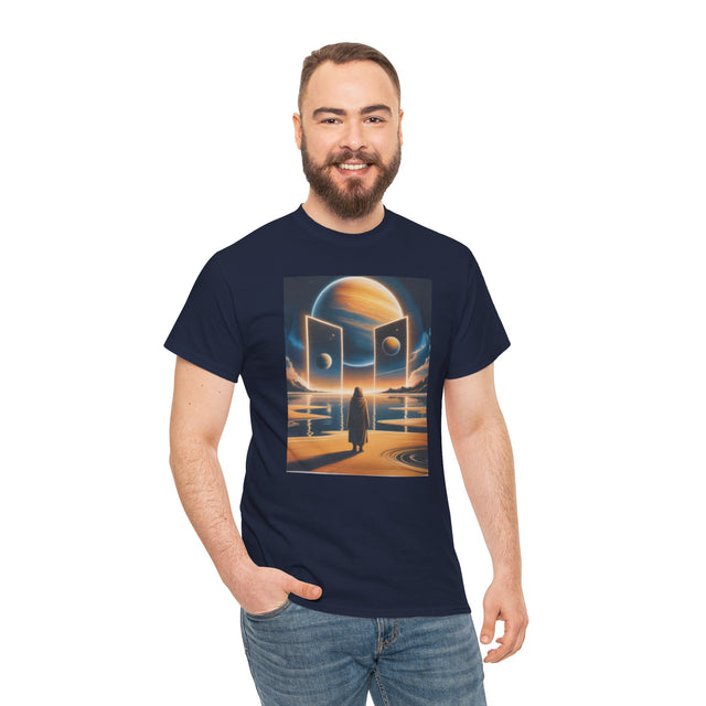 T-Shirt — Cosmic Portal Nightscape Graphic Tee showcasing a cosmic scene with a figure standing before glowing portals.