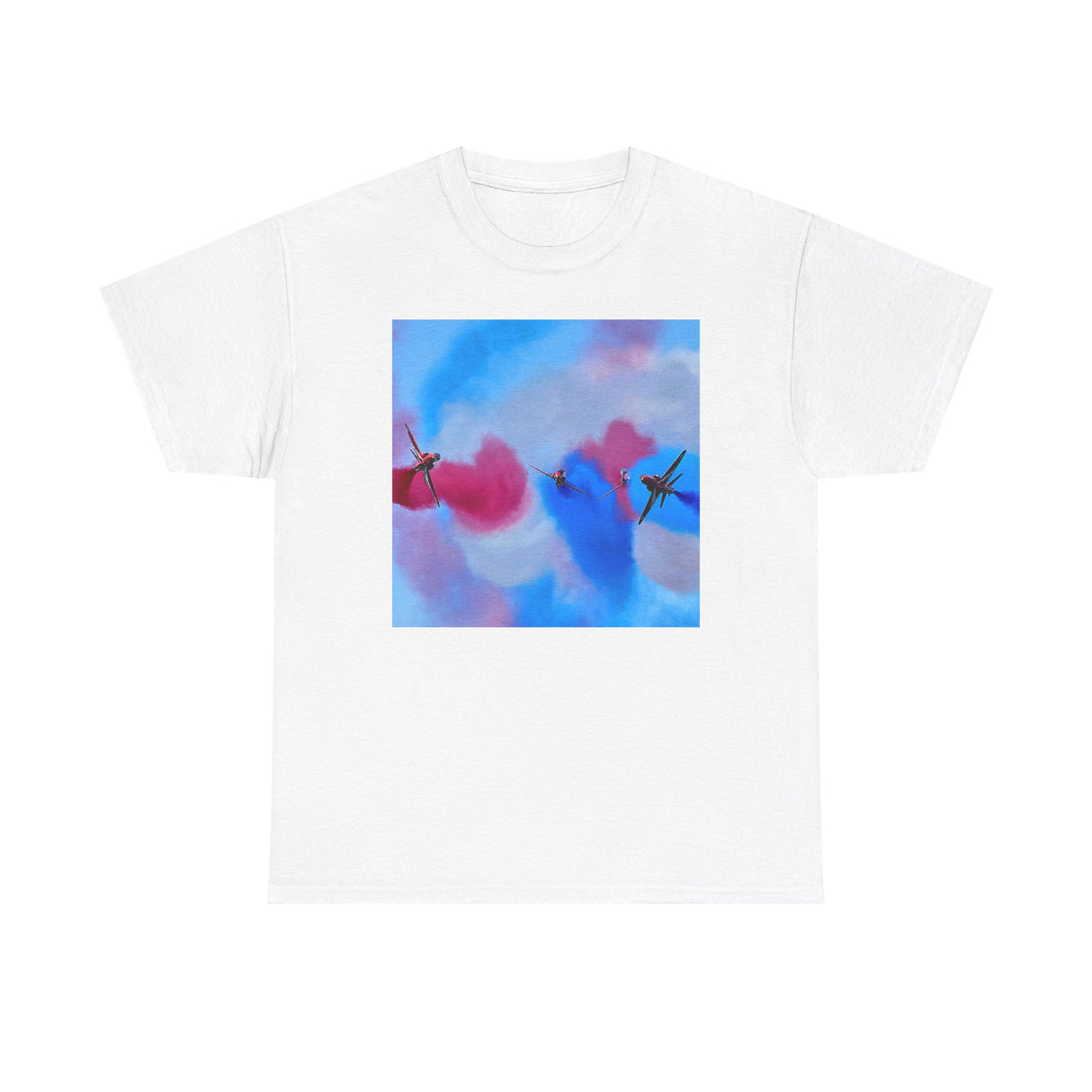 Detail view of the Aerial Smoke Display Tee — Blue & Pink Airshow Pilots T‑Shirt showcasing the vibrant cloud artwork.