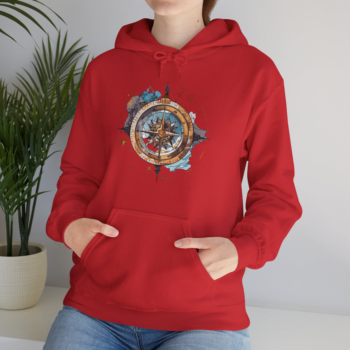 The unique watercolor design of the Compass Rose Hoodie, perfect for nature lovers.
