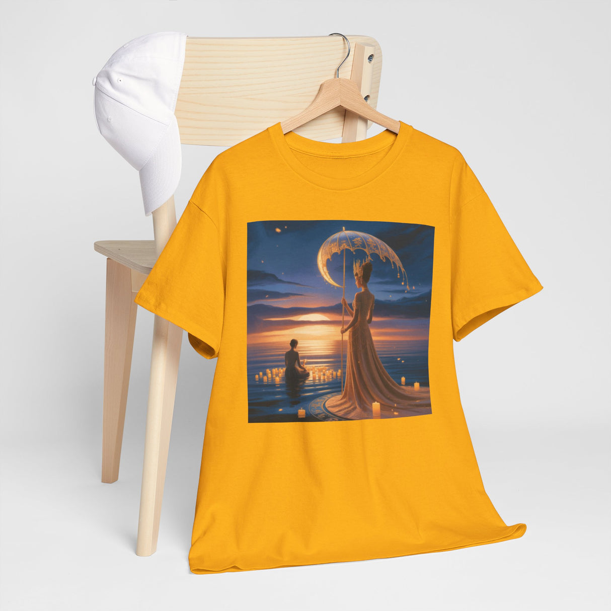 Romantic Moonlit Couple T-Shirt — Sunset Fantasy Illustration Tee hanging on a rack, showcasing its versatility in casual wear.