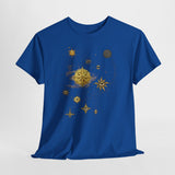 Celestial Compass Tee — Gold Star & Moon Astrology Graphic Shirt in a serene outdoor setting perfect for casual outings.
